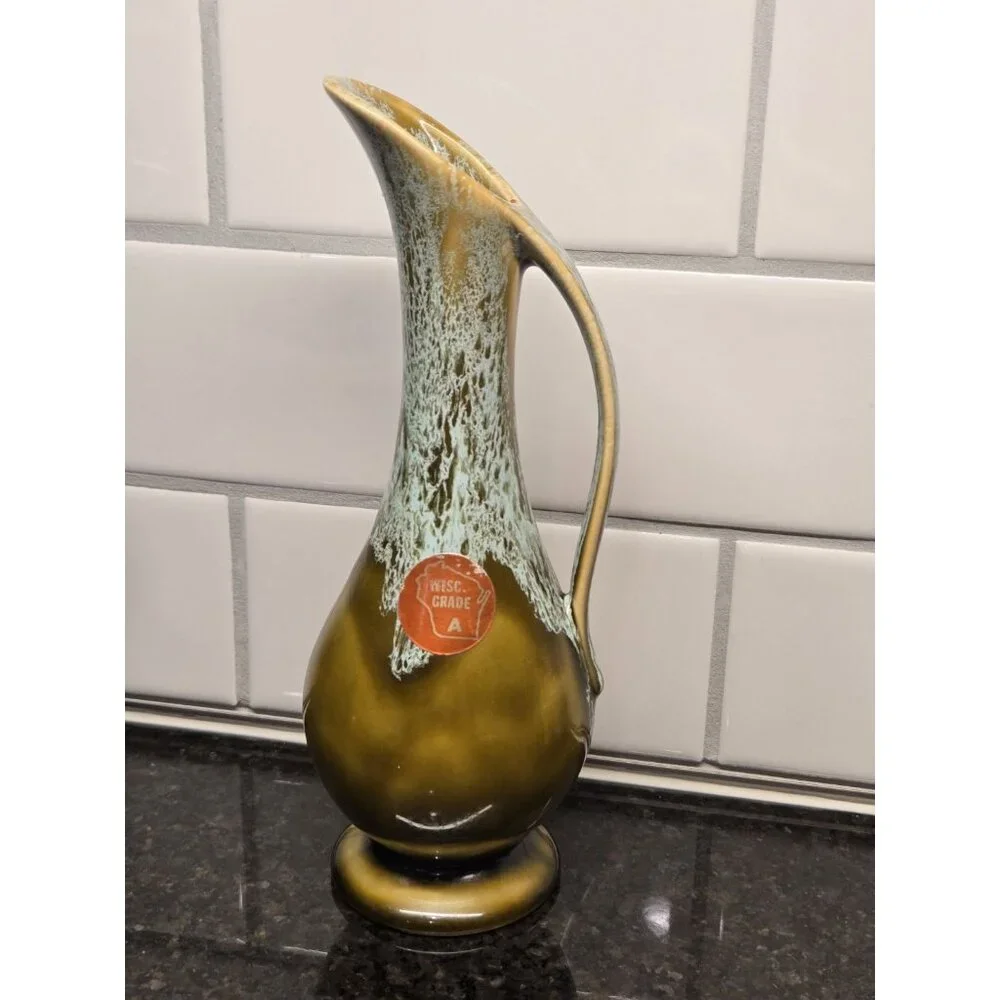 Vintage USA Drip Glaze Pottery Ewer Vase Olive Green Aqua MCM 9” Pitcher